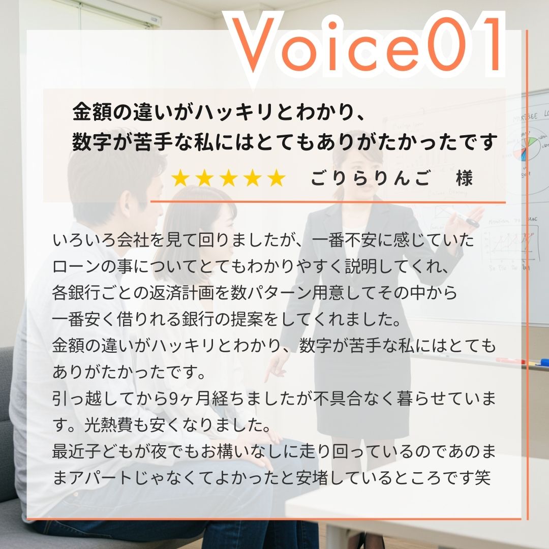 【お客様の声】ごりらりんご様。いろいろ会社を見て回りましたが、一番不安に感じていたローンの事についてとてもわかりやすく説明してくれ、各銀行ごとの返済計画を数パターン用意してその中から一番安く借りれる銀行の提案をしてくれました。金額の違いがハッキリとわかり、数字が苦手な私にはとてもありがたかったです。引っ越してから9ヶ月経ちましたが不具合なく暮らせています。光熱費も安くなりました。最近子どもが夜でもお構いなしに走り回っているのであのままアパートじゃなくてよかったと安堵しているところです笑｜エヴァーホーム